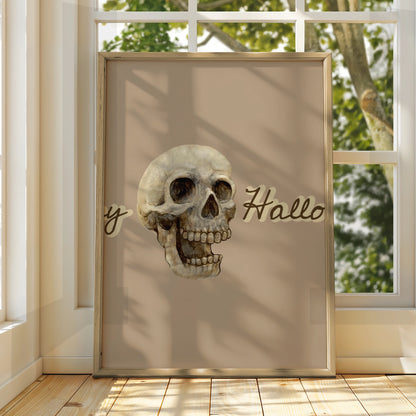Happy Halloween Skull Poster, Spooky Wall Art, Skeleton Print, Taupe Halloween Decor