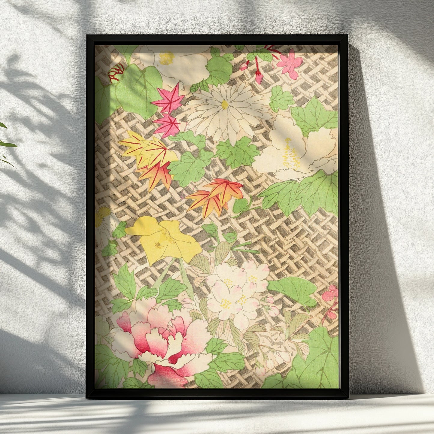 Japanese Botanical Print, Vintage Floral Wall Art, Bijutsukai 1901 Woodblock Poster – A4 Black frame