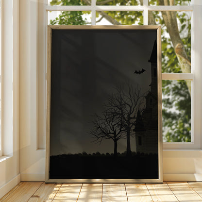 Halloween Haunted House Poster, Full Moon Bats Spooky Wall Art, Dark Gothic Print