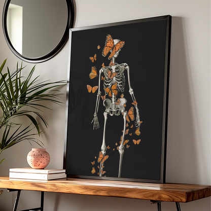 Skeleton Butterfly Halloween Poster, Monarch Gothic Wall Art, Dark Spooky Print