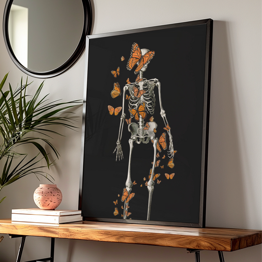 Skeleton Butterfly Halloween Poster, Monarch Gothic Wall Art, Dark Spooky Print