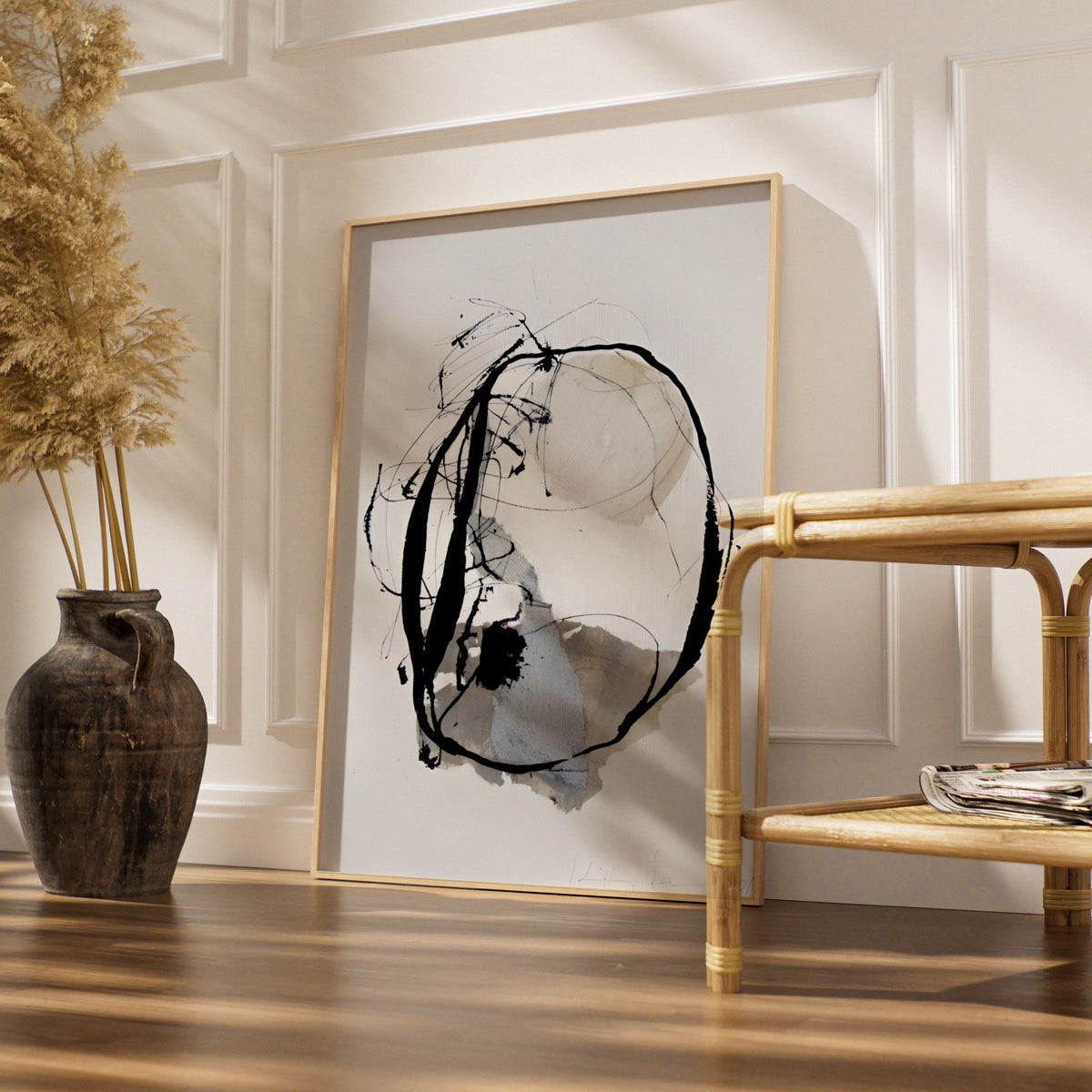 Modern Monochrome Abstract Print, Black White Ink Circle Art, Minimalist Wall Decor Poster