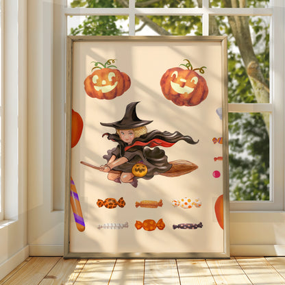 Halloween Witch Pumpkin Ghost Wall Art, Black Cat Candy Poster, Cute Spooky Print