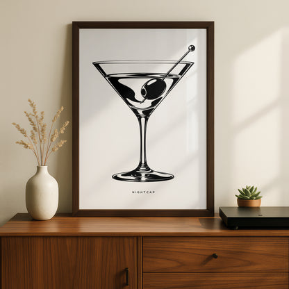 Martini Glass Print, Nightcap Cocktail Poster, Monochrome Wall Art, Black and White Bar Decor