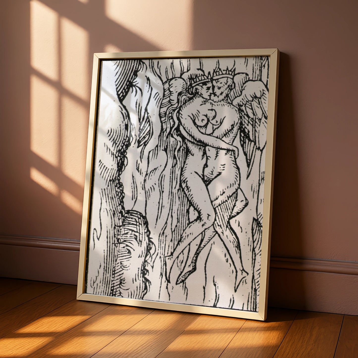 Halloween Dark Art Print, Medieval Woodcut Demon Figure, Gothic Black White Occult Poster Wall Art