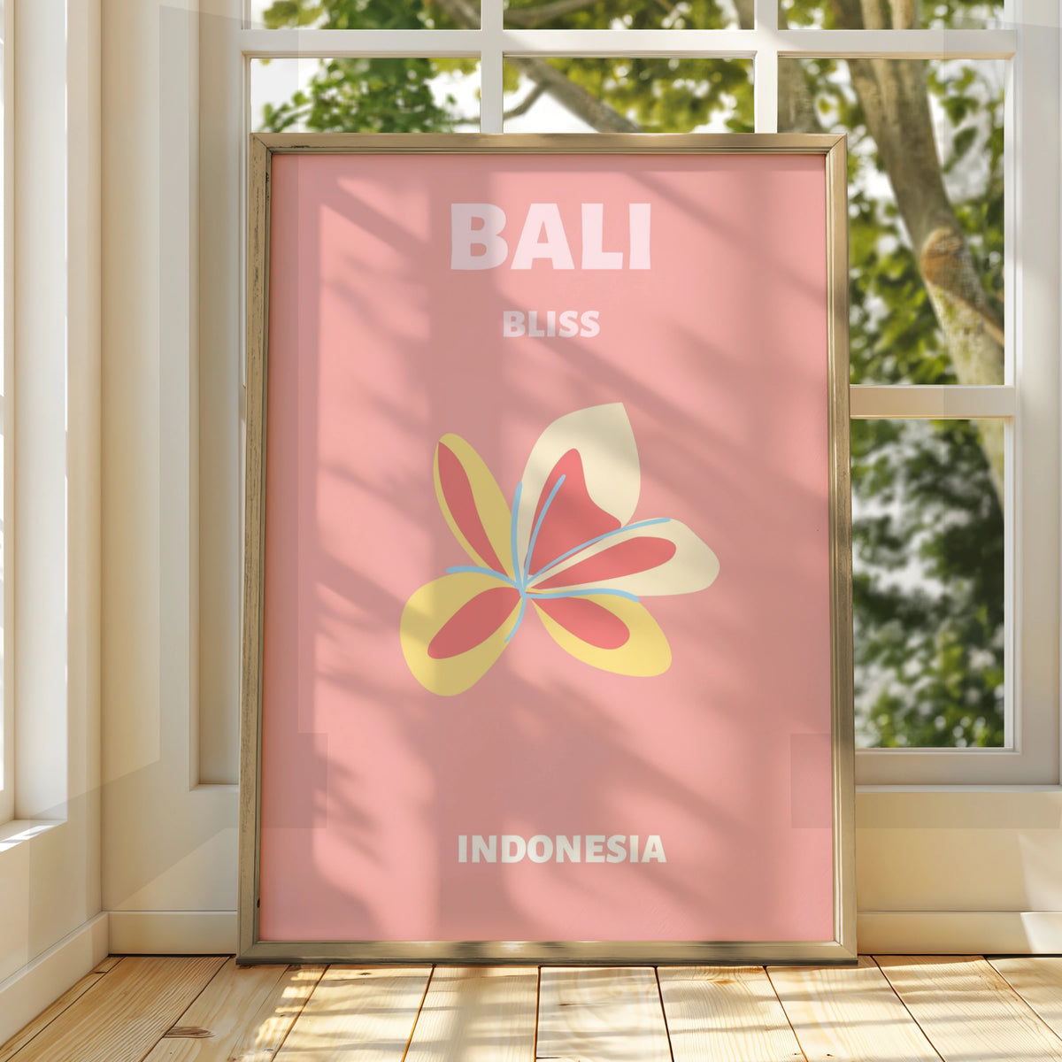Bali Travel Poster Indonesia Wall Art, Frangipani Floral Print, Retro Tropical Decor