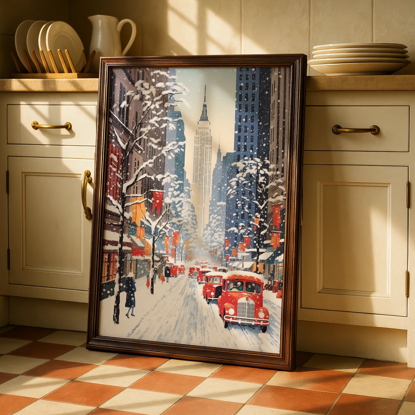 New York Christmas Poster, Snowy NYC Street Art, Empire State Winter Wall Decor Print