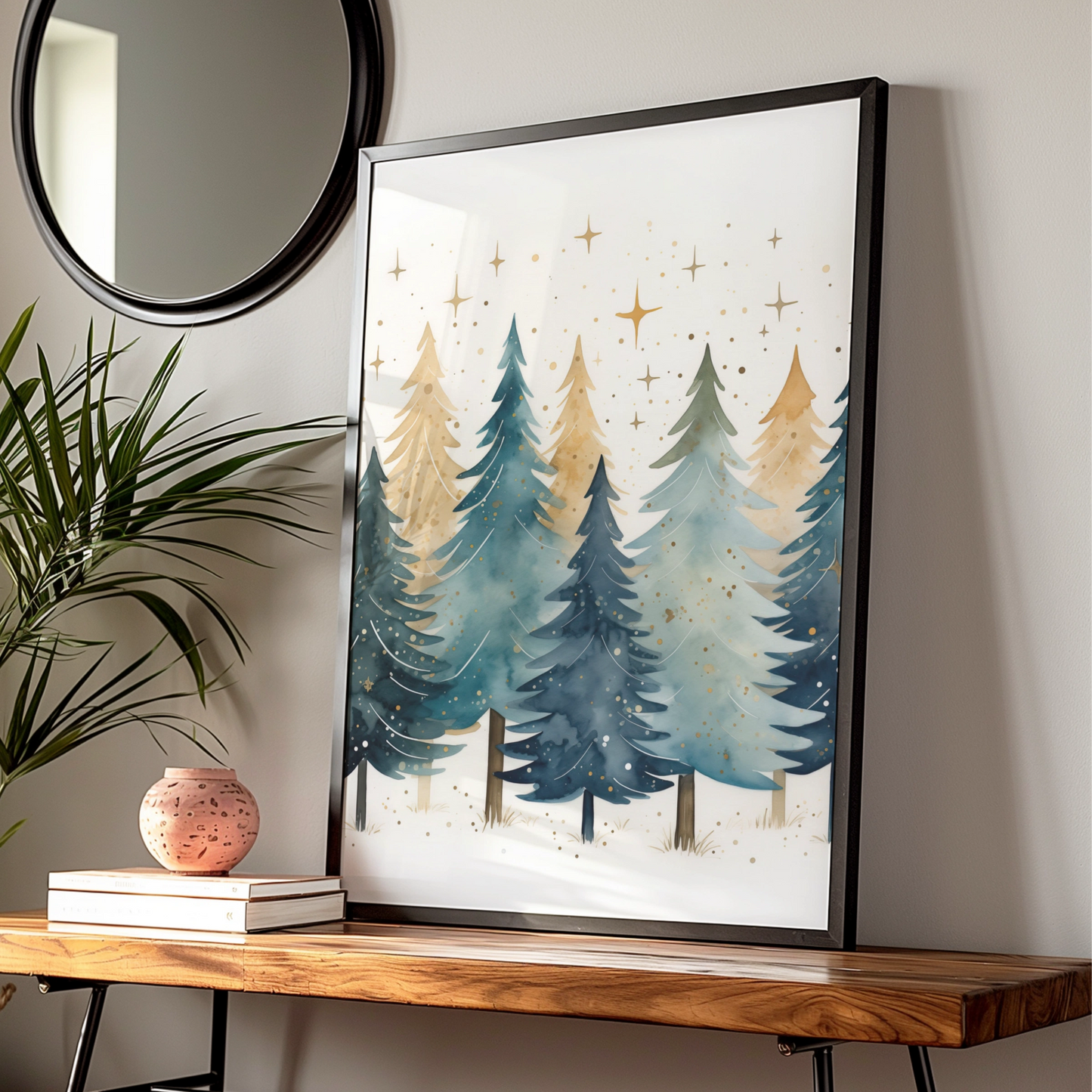 Christmas Tree Forest Poster, Watercolour Festive Wall Art, Teal Gold Xmas Print