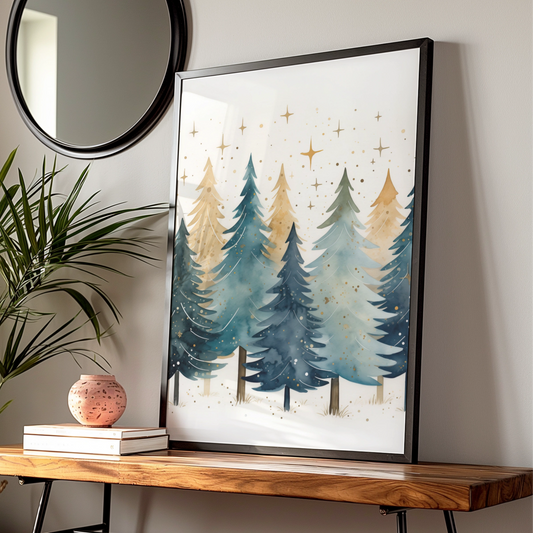Christmas Tree Forest Poster, Watercolour Festive Wall Art, Teal Gold Xmas Print