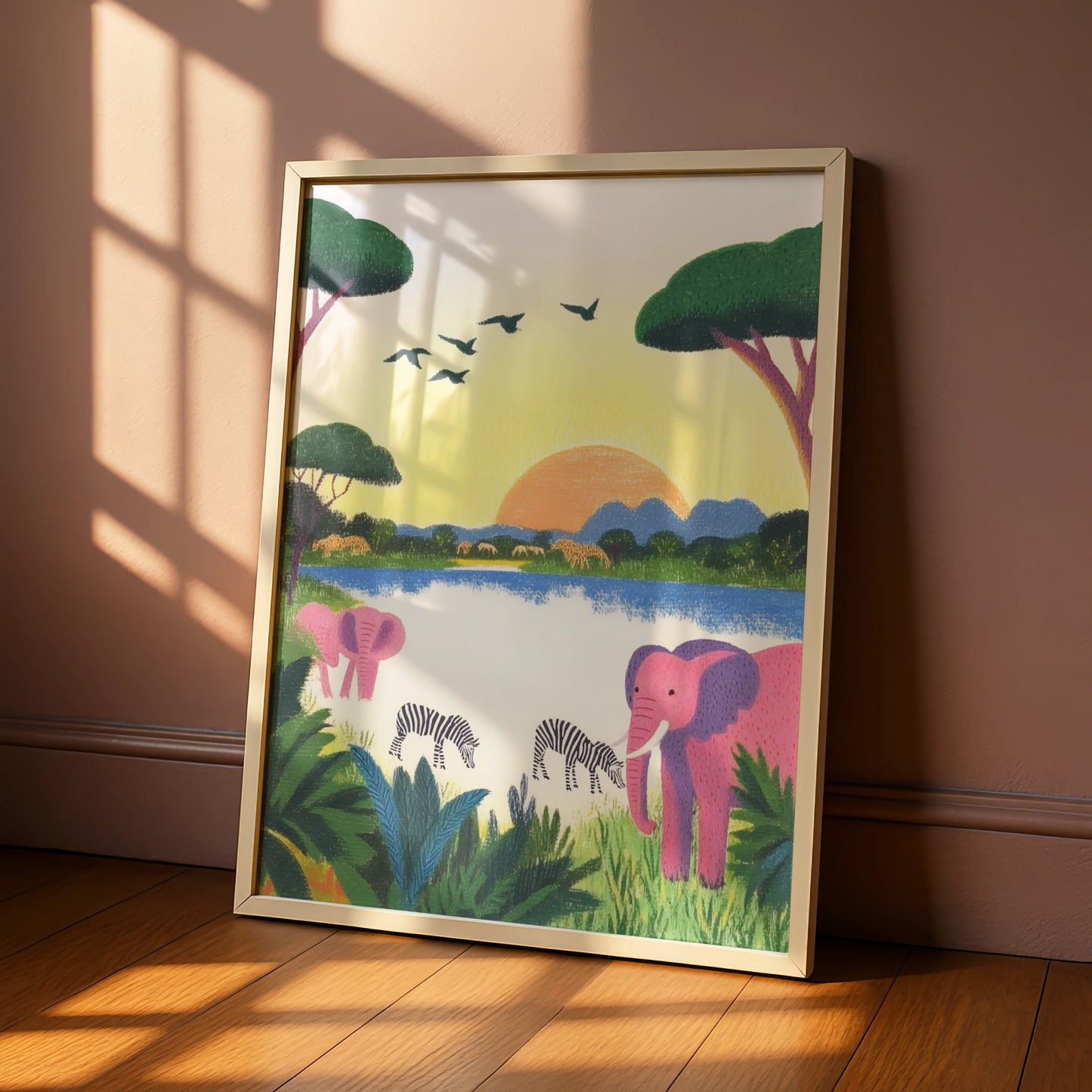 Safari Nursery Wall Art, Elephant Zebra Print, Colourful Animal Poster, Kids Room Decor