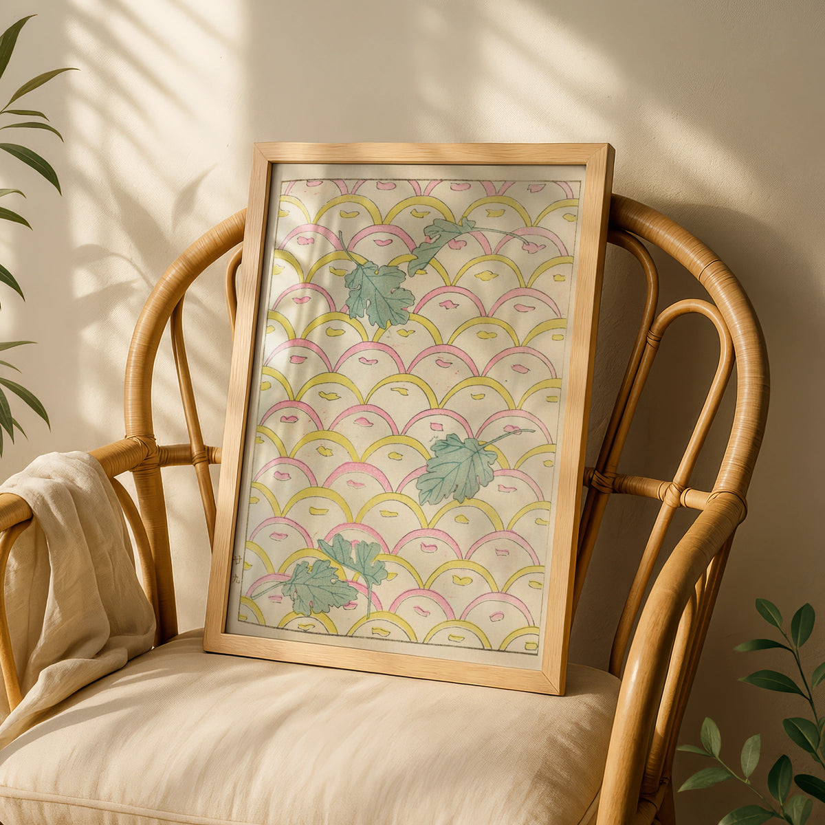 Japanese Botanical Print, Vintage Woodblock Wall Art, Leaf Scallop Pattern, Japandi Floral Poster – A5 White frame
