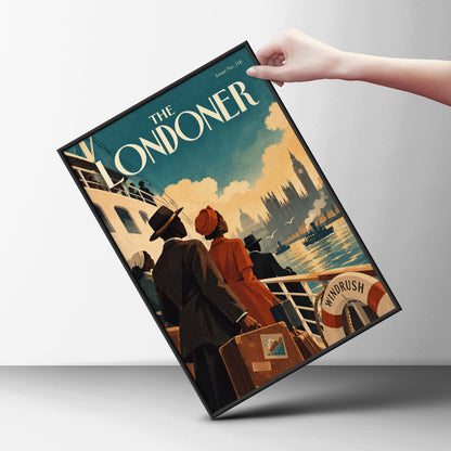 The Londoner Vintage Magazine Cover Poster, Windrush Ship Wall Art, London Skyline Art Print