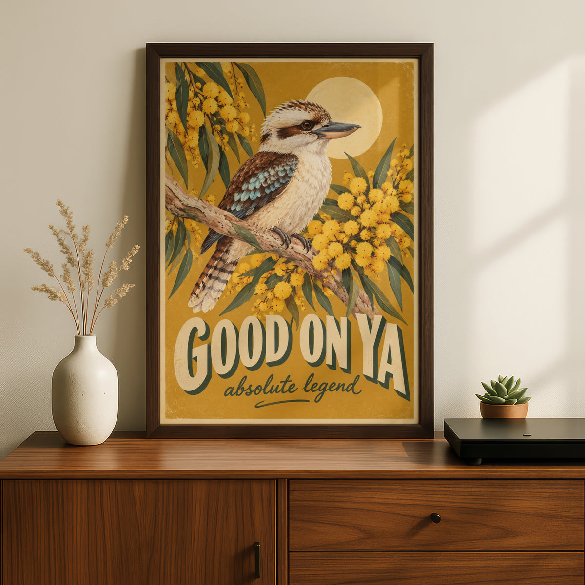 Kookaburra Good On Ya Poster, Retro Style Australian Wall Art, Wattle Bird Print