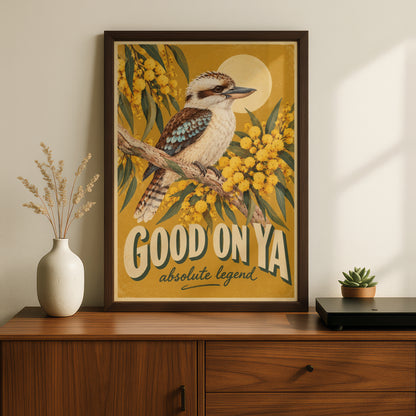 Kookaburra Good On Ya Poster, Retro Style Australian Wall Art, Wattle Bird Print