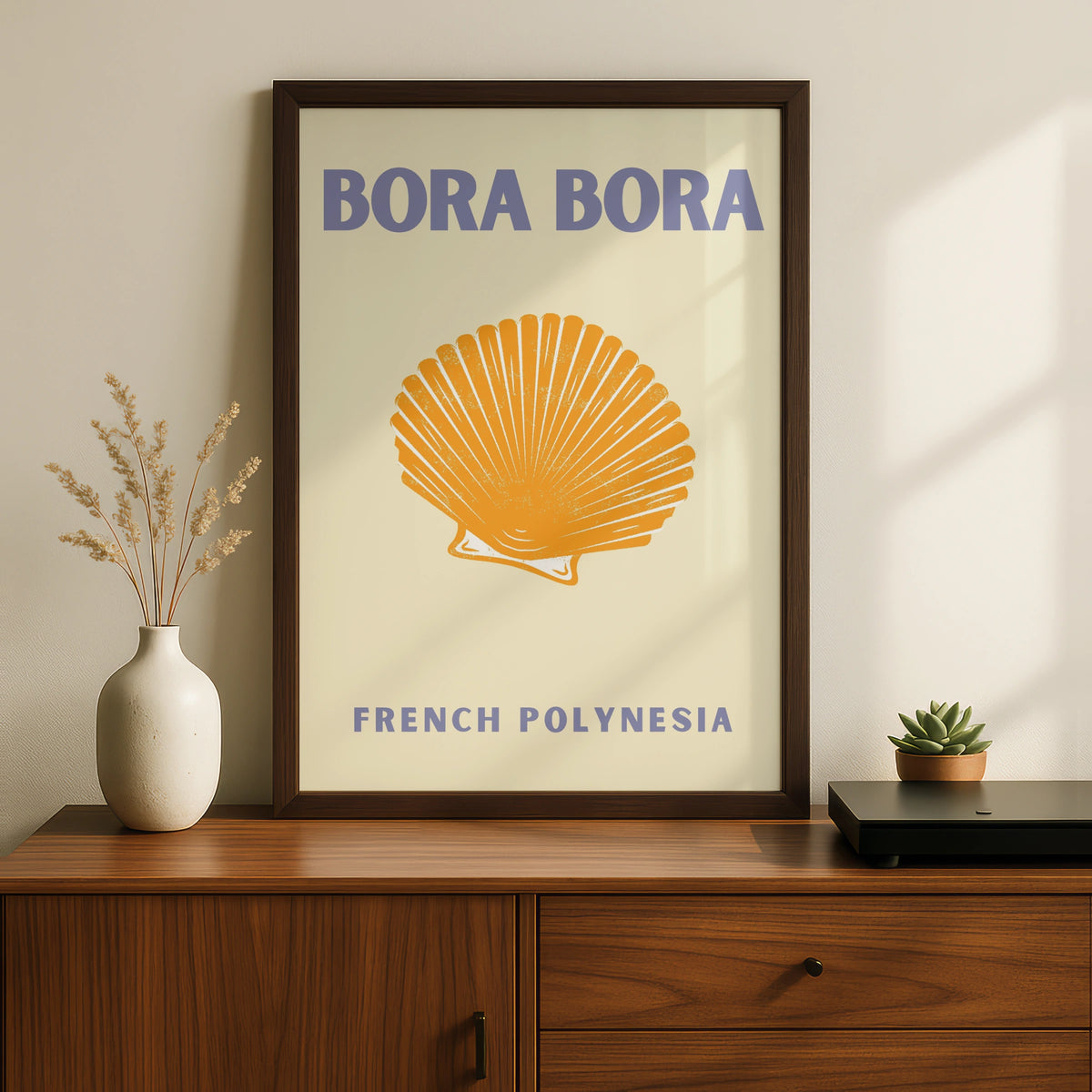 Bora Bora Travel Poster, French Polynesia Wall Art, Retro Shell Print, Coastal Decor