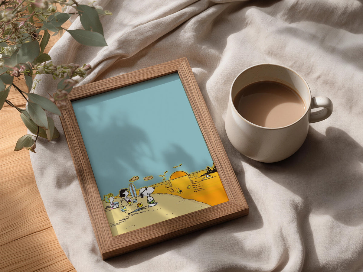 Beach Sunset Cartoon Poster, Dusty Teal Sky, Golden Sea, Retro Kids Room Wall Art Print