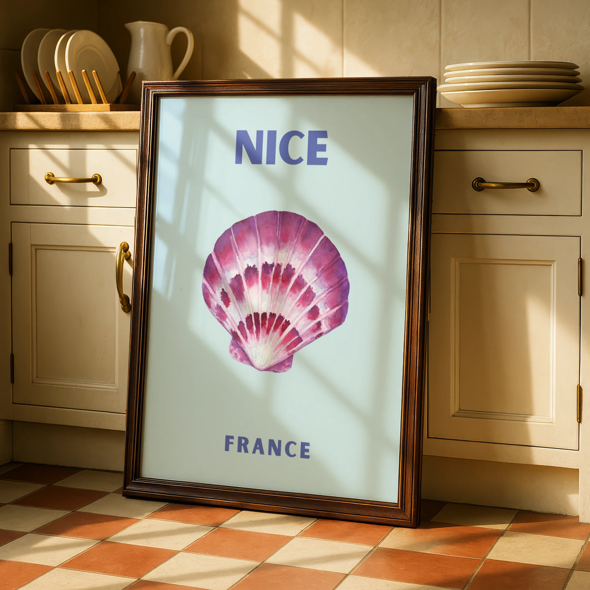 Nice France Travel Poster, French Riviera Wall Art, Coastal Seashell Print