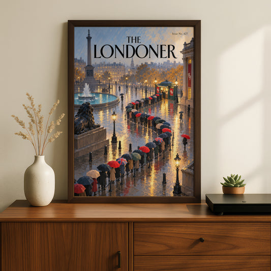 The Londoner Poster, London Wall Art, Trafalgar Square Rainy Evening Art Print, Magazine Cover Style