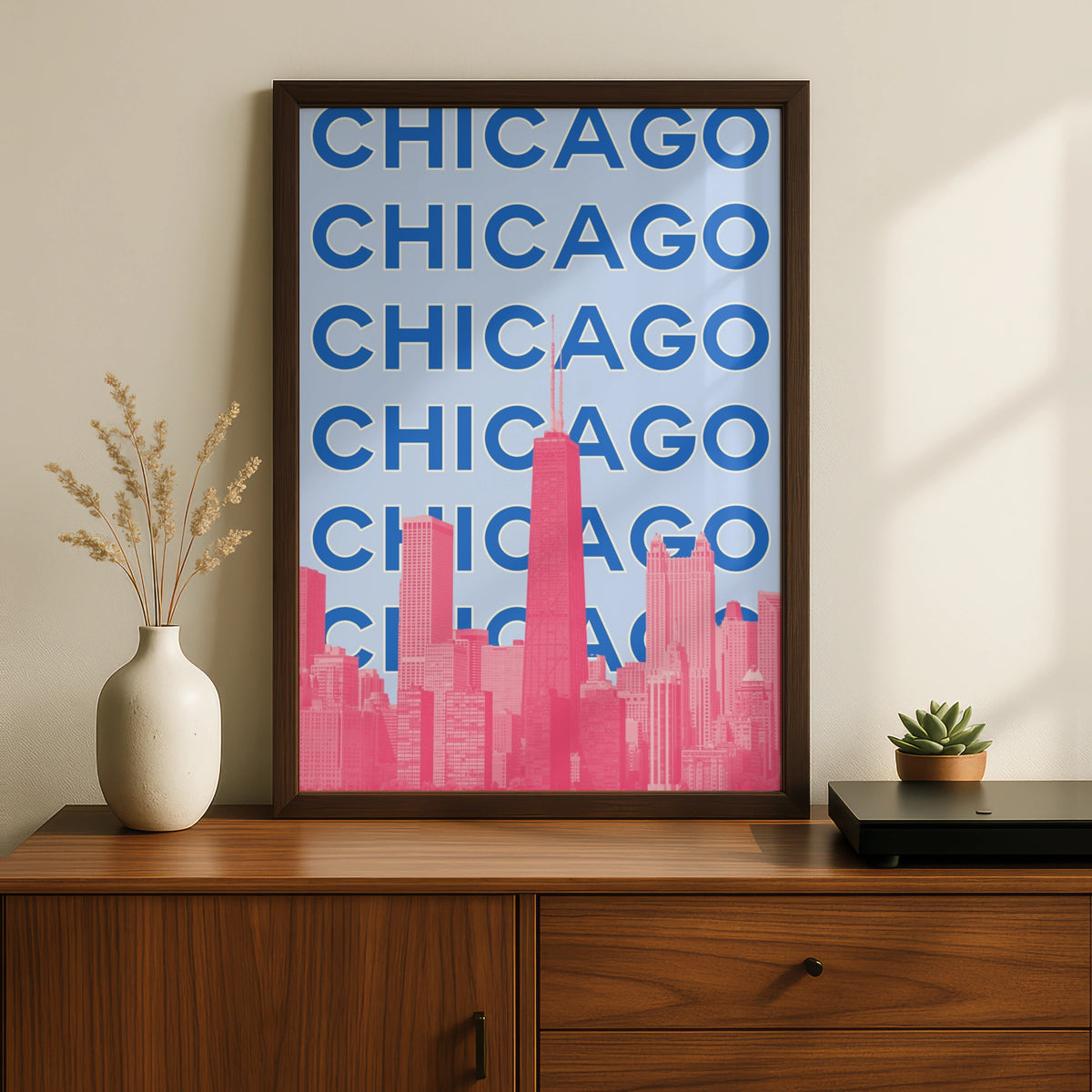 Chicago Travel Poster, Retro City Wall Art, USA Skyline Print, Blue Pink Illinois Decor