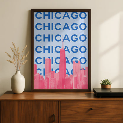 Chicago Travel Poster, Retro City Wall Art, USA Skyline Print, Blue Pink Illinois Decor