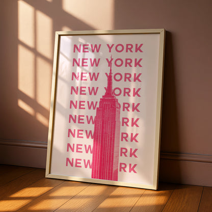 New York City Travel Poster, Pink Empire State Building Wall Art, NYC Print