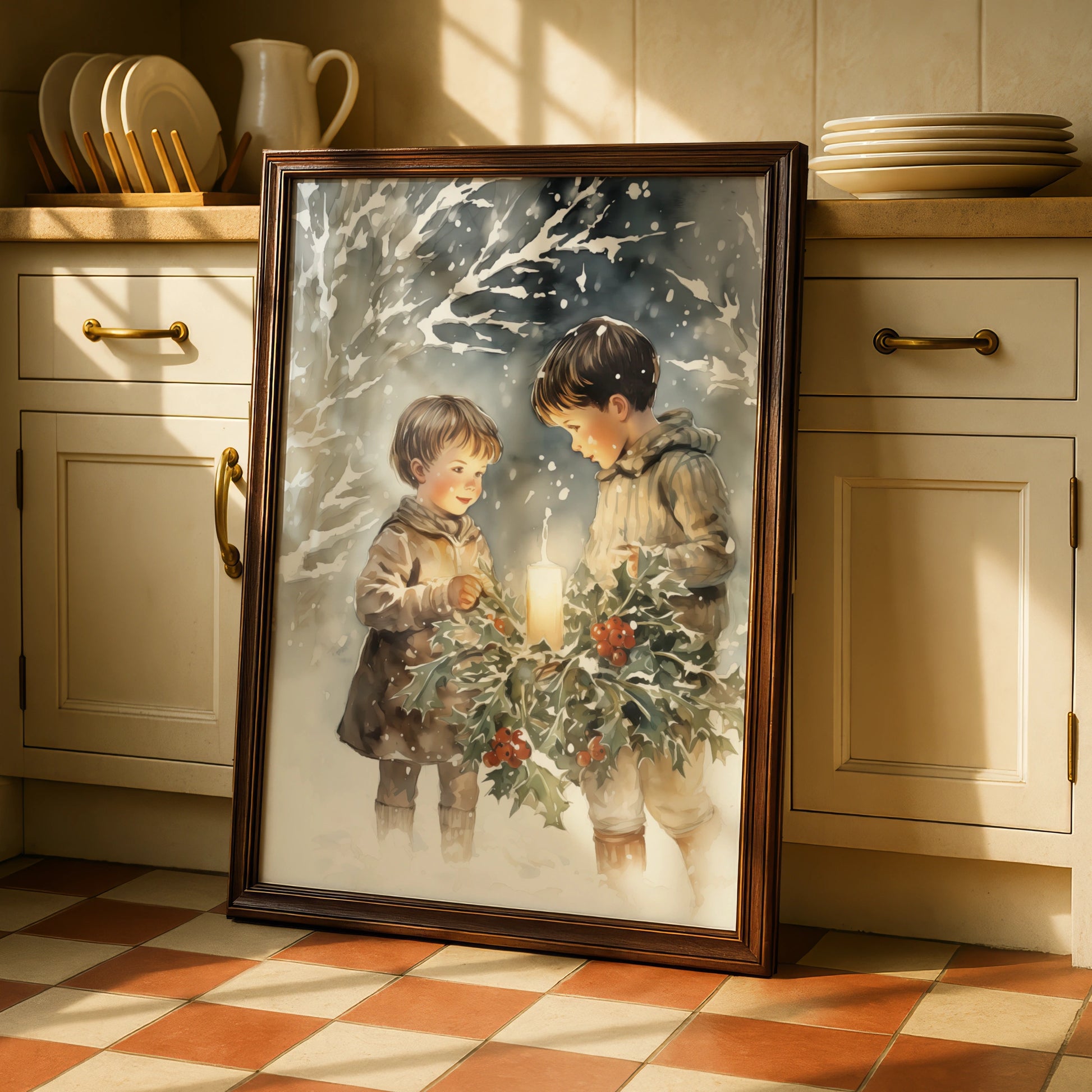 Christmas Children Holly Candle Poster, Vintage Winter Snow Watercolour Wall Art Print