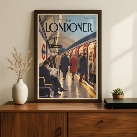 London Underground Poster, Tube Station Wall Art, Vintage Magazine Cover Art Print, Commuter Scene