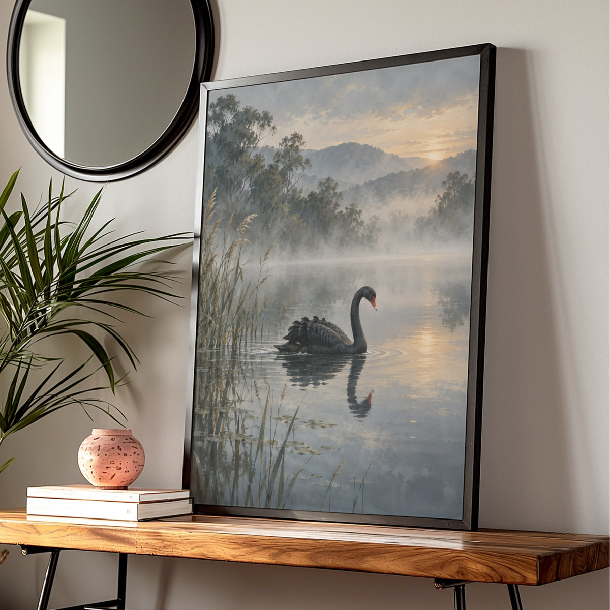 Black Swan Print, Australian Landscape Wall Art, Misty Lake Nature Poster, Wildlife Art — Digital Download