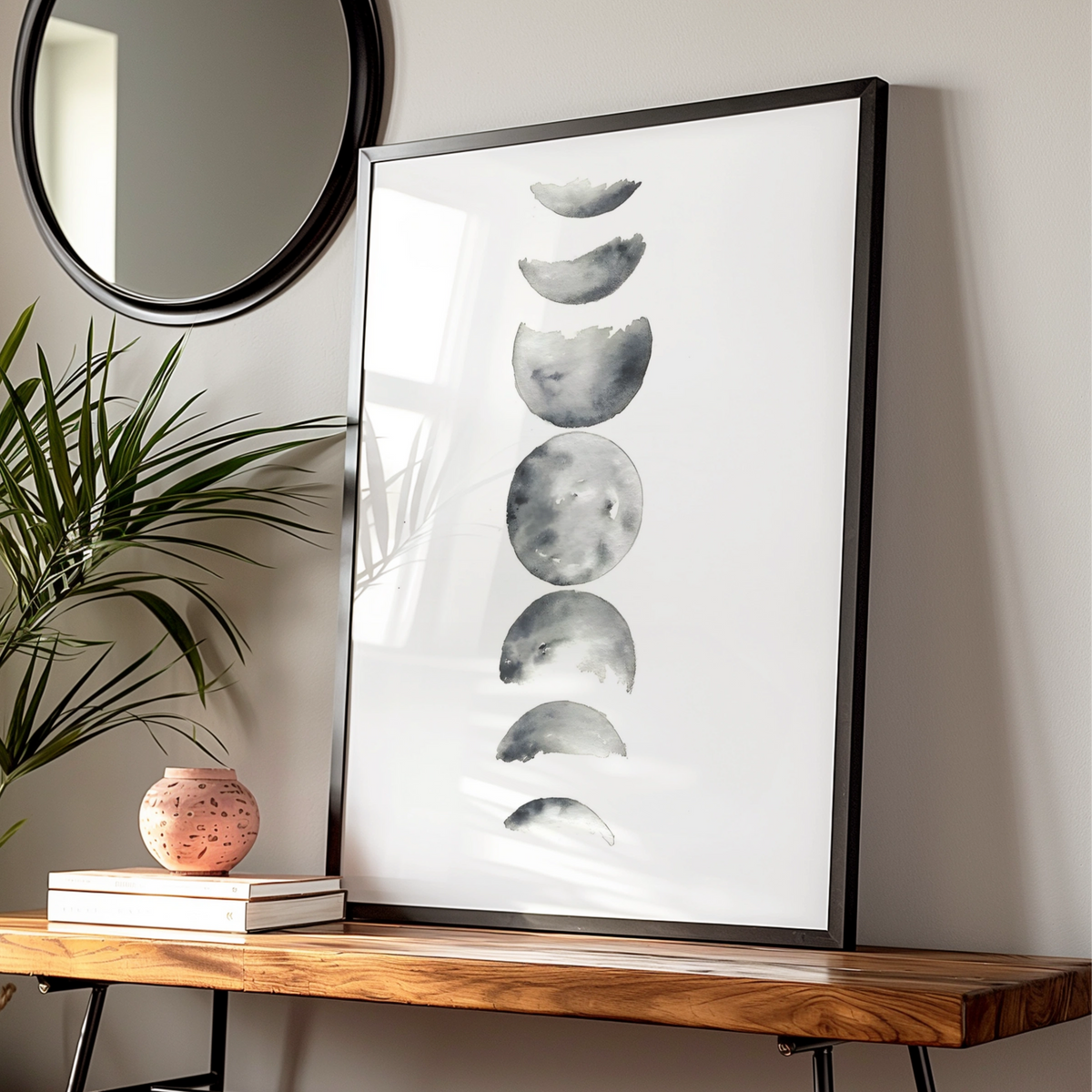 Moon Phases Watercolour Print, Monochrome Wall Art, Minimalist Lunar Poster, Modern Grey Decor