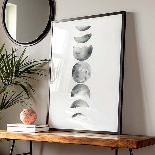 Moon Phases Watercolour Print, Monochrome Wall Art, Minimalist Lunar Poster, Modern Grey Decor