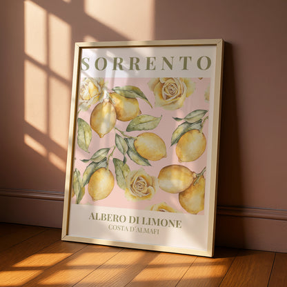 Sorrento Lemon Poster, Maximalist Italian Wall Art, Amalfi Coast Pink Floral Print