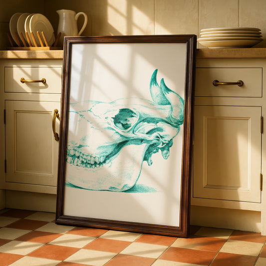 Animal Skull Halloween Art Print, Teal Gothic Poster, Spooky Wall Art, Dark Anatomy Decor