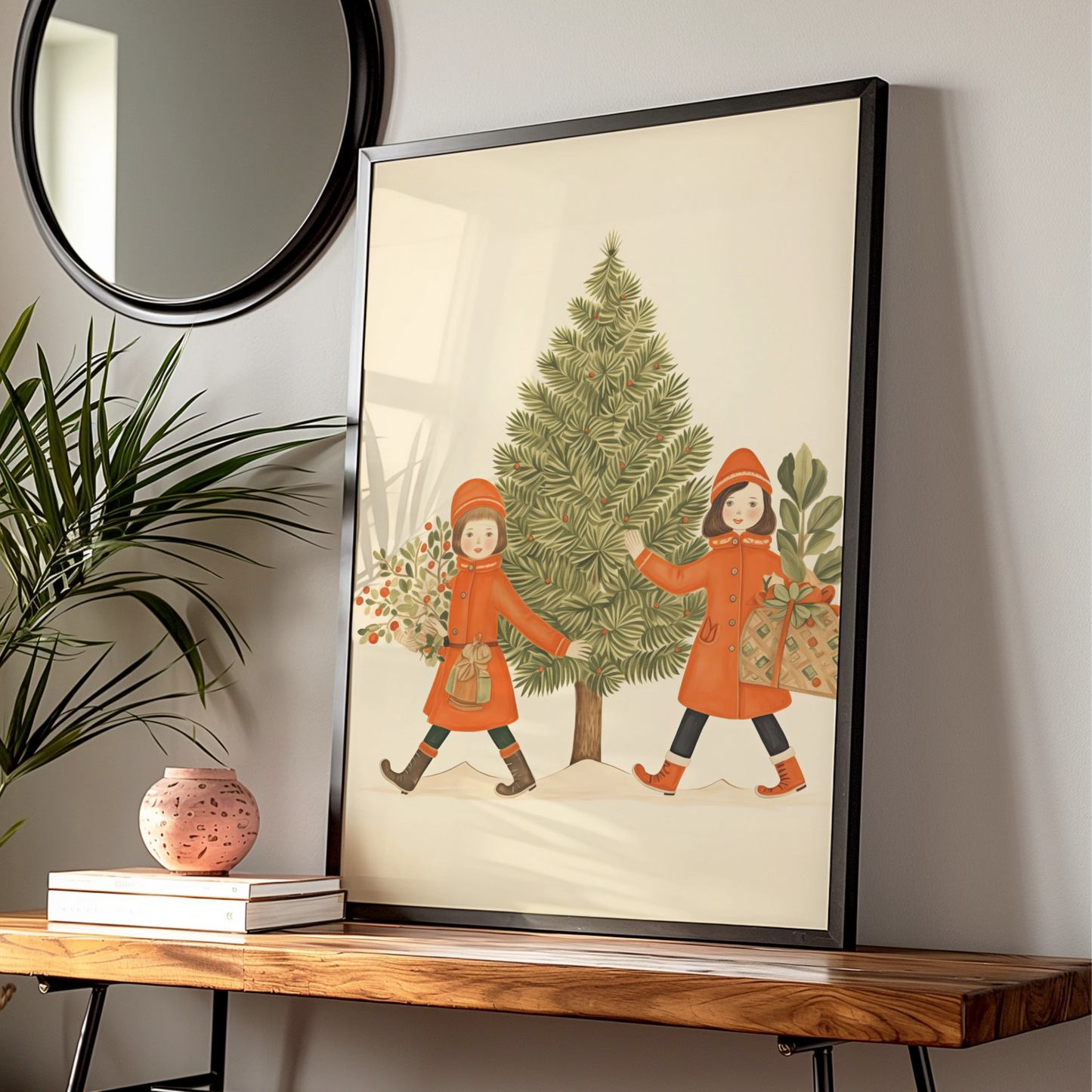 Vintage Christmas Poster, Retro Girls Christmas Tree Print, Festive Holiday Wall Art