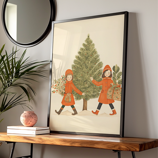 Vintage Christmas Poster, Retro Girls Christmas Tree Print, Festive Holiday Wall Art