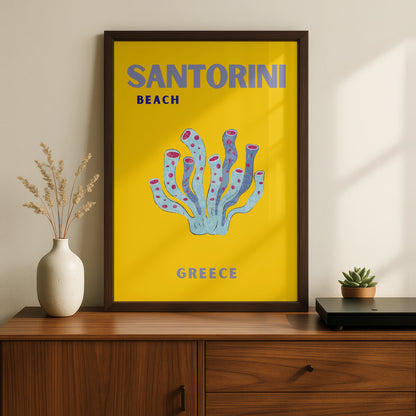 Santorini Beach Greece Travel Poster, Retro Greek Island Wall Art, Unique Coral Print