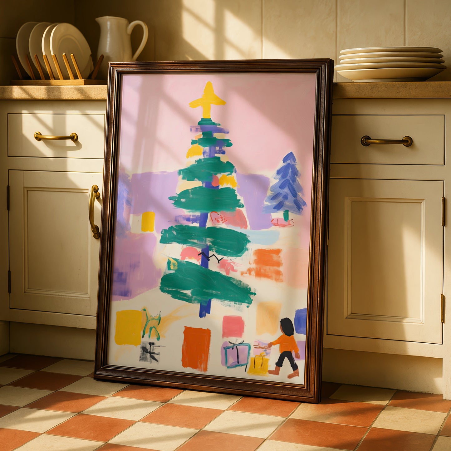 Christmas Tree Poster, Colourful Abstract Xmas Wall Art, Festive Holiday Print for Kids Room