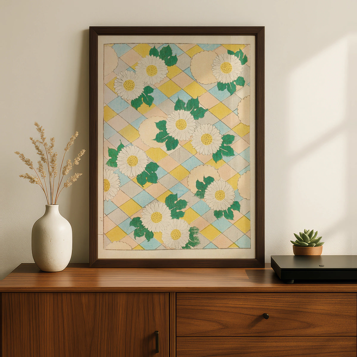 Japanese Botanical Print, Vintage Daisy Woodblock Wall Art, Floral Japandi Poster, 1901 – A5 Black frame
