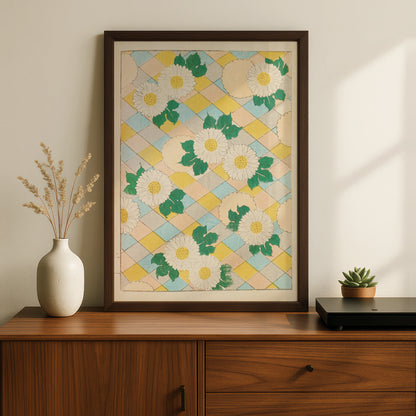 Japanese Botanical Print, Vintage Daisy Woodblock Wall Art, Floral Japandi Poster, 1901 – A5 Black frame