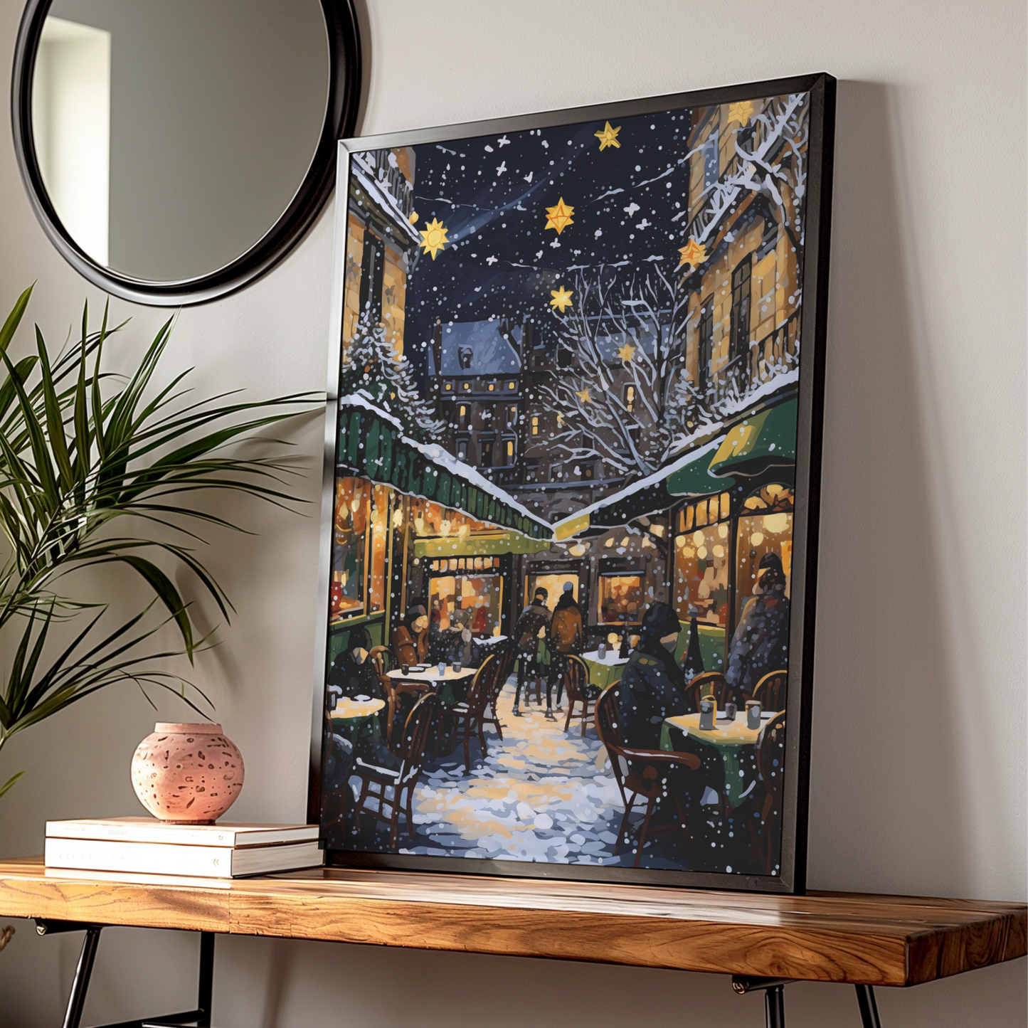 Christmas Market Poster, Snowy Night Street Scene, Festive Star Lights Wall Art Print