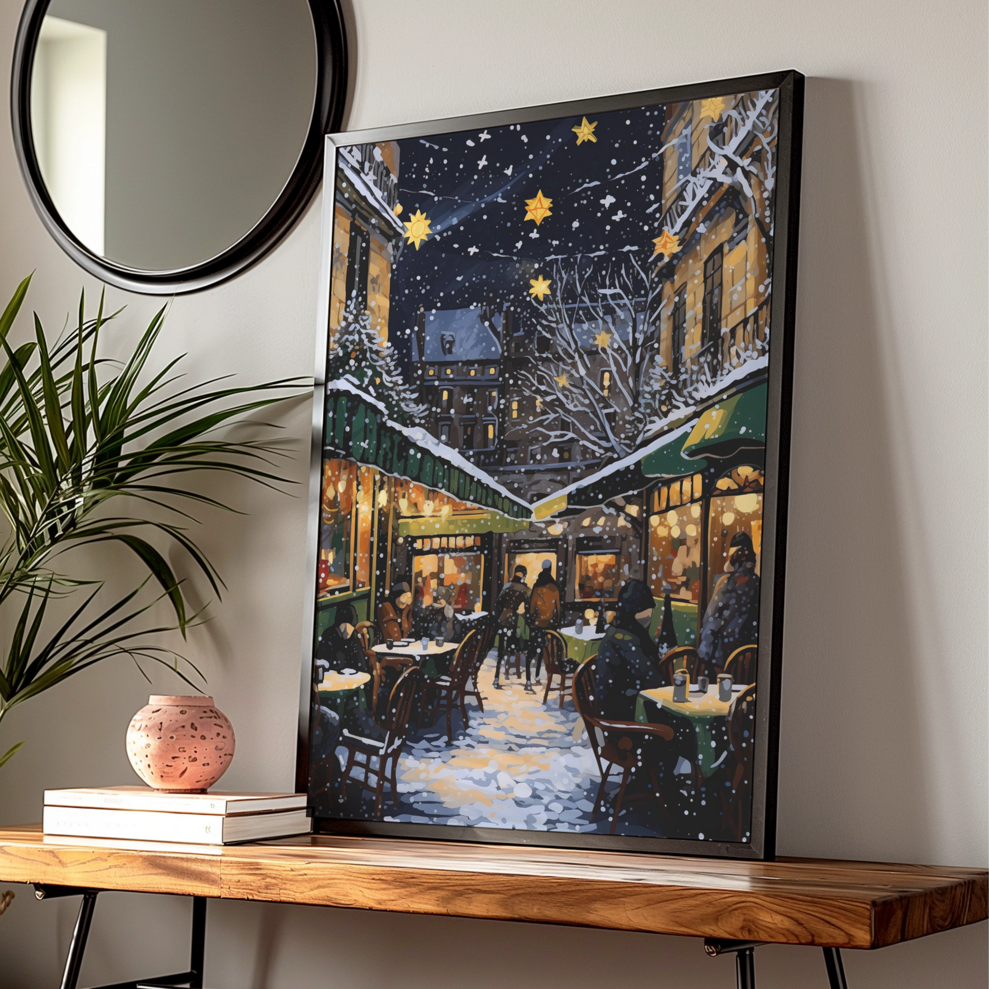 Christmas Market Poster, Snowy Night Street Scene, Festive Star Lights Wall Art Print