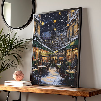 Christmas Market Poster, Snowy Night Street Scene, Festive Star Lights Wall Art Print