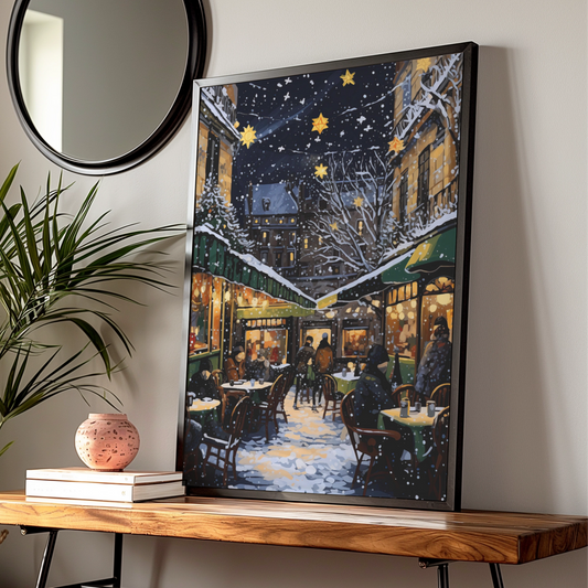 Christmas Market Poster, Snowy Night Street Scene, Festive Star Lights Wall Art Print