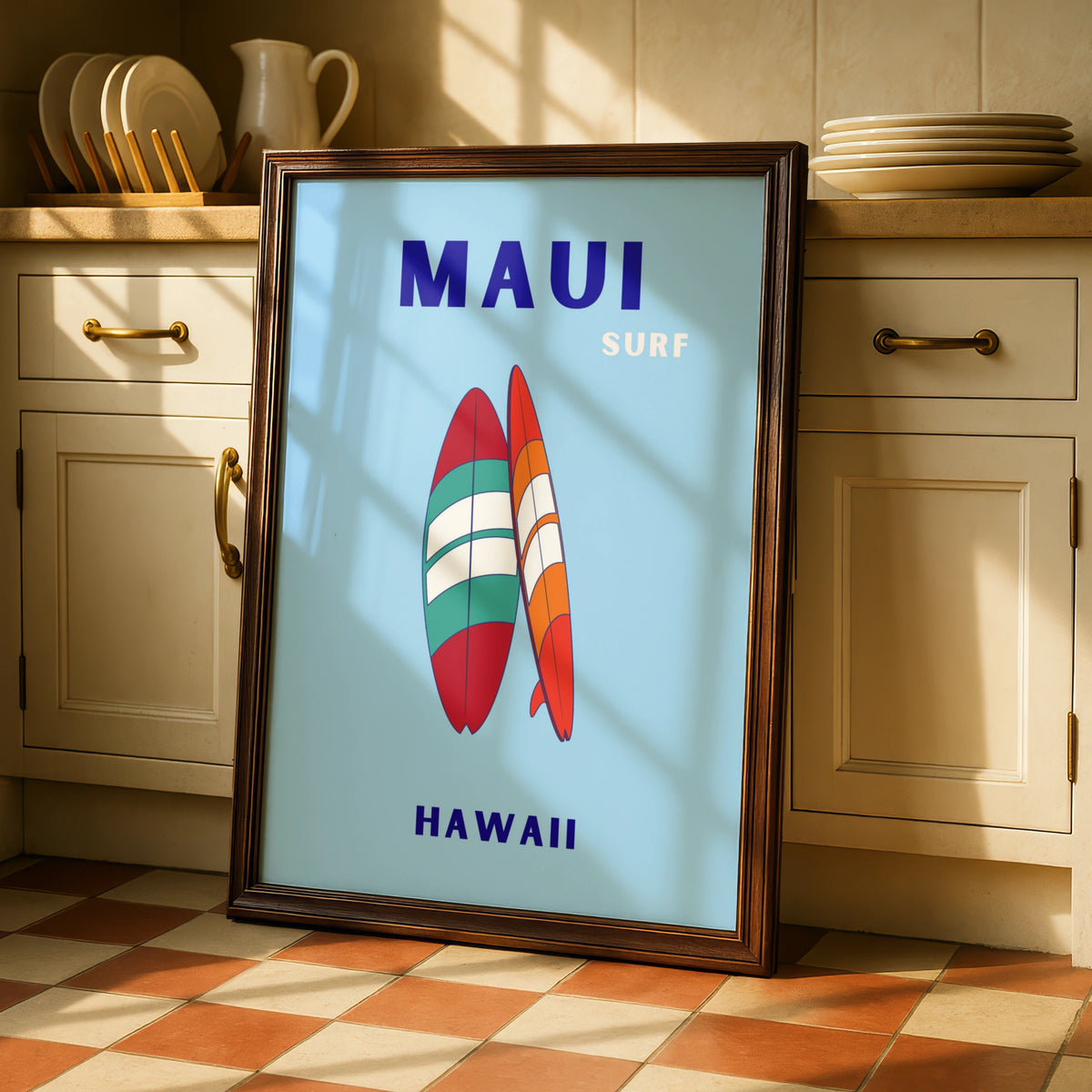 Maui Hawaii Surf Travel Poster, Retro Surfboard Wall Art, Hawaiian Beach Print