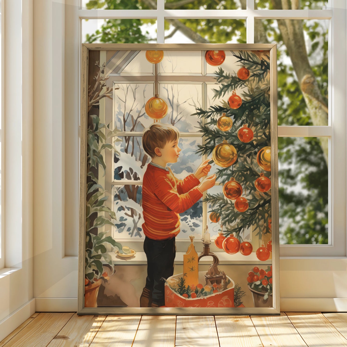 Christmas Tree Decoration Poster, Boy Hanging Baubles, Festive Retro Wall Art Print