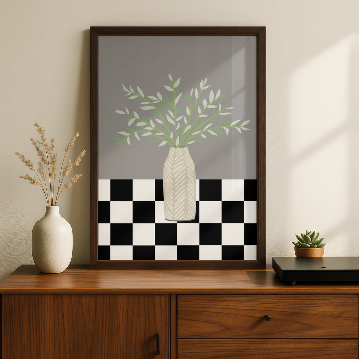 Matisse Style Botanical Vase Poster, Green Leaves Grey Wall Art, Checkerboard Print