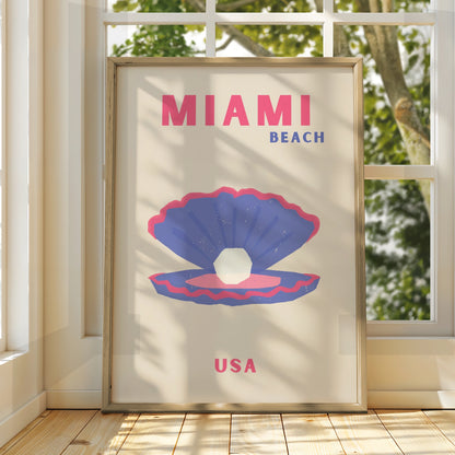 Miami Beach Travel Poster, Florida USA Retro Wall Art, Pink Blue Shell Print