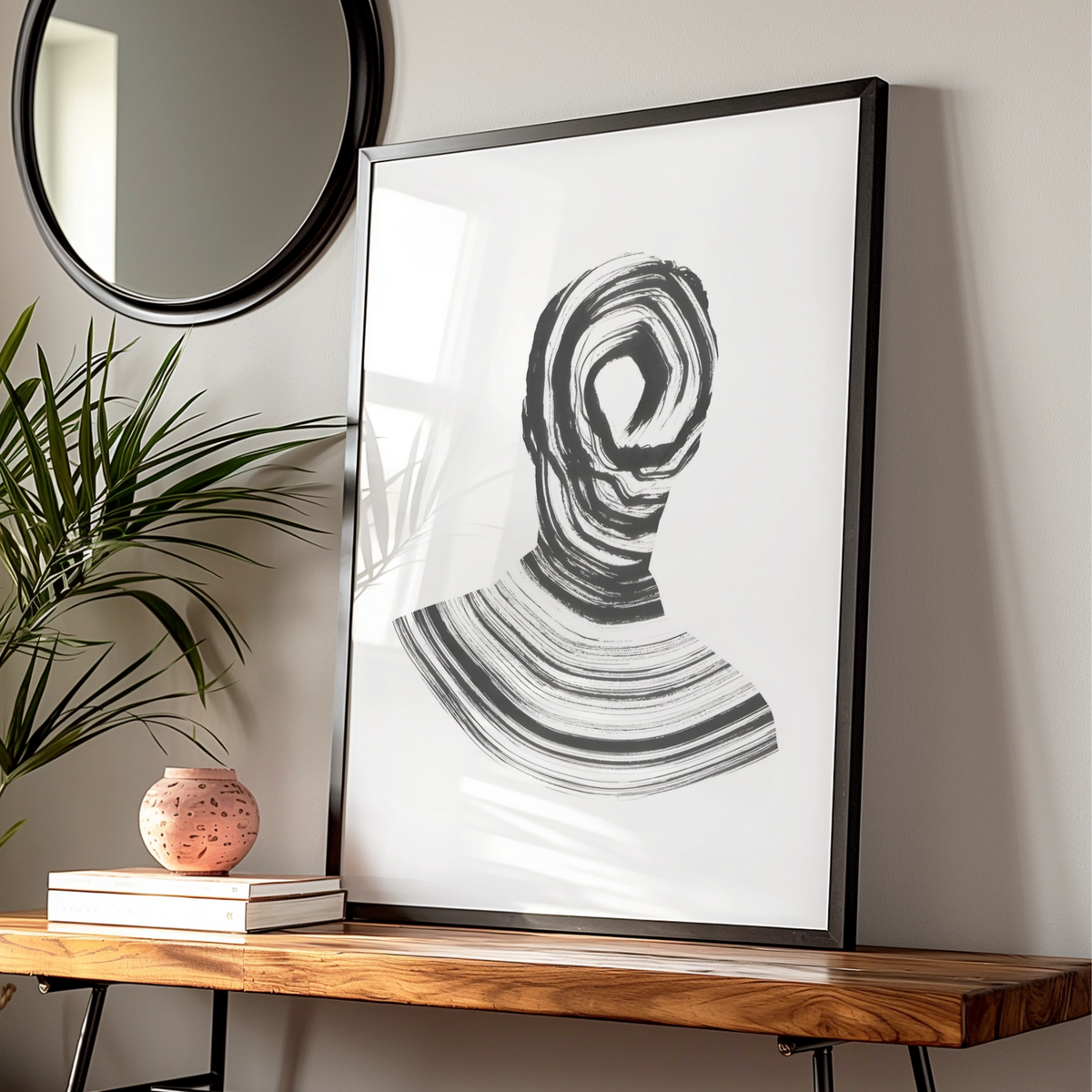 Abstract Figure Monochrome Wall Art, Black and White Swirl Portrait Minimalist Print — Digital Download