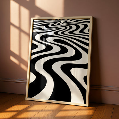 Monochrome Wave Abstract Poster, Black and White Optical Art Print, Modern Wall Decor