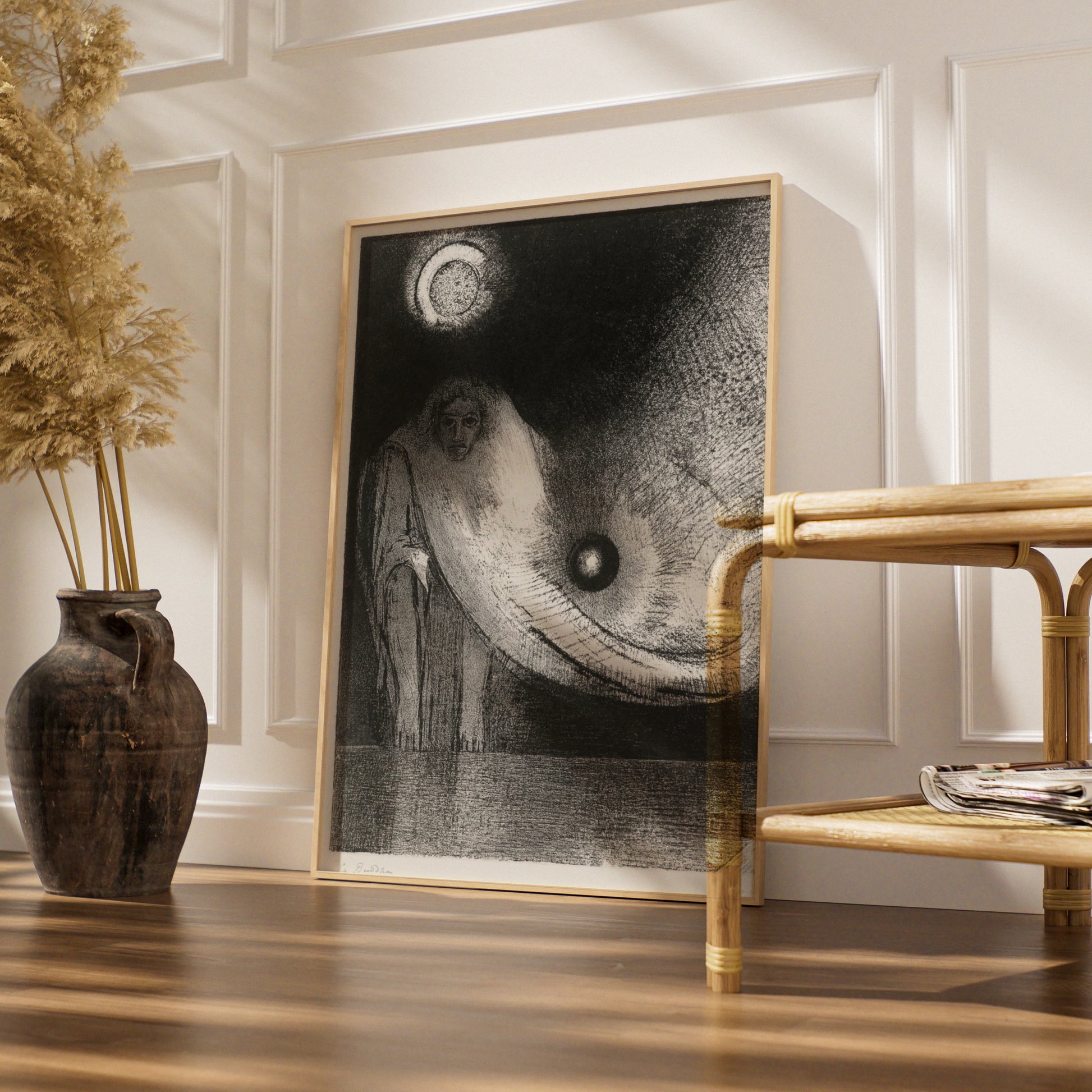 Dark Occult Figure Halloween Art Print, Gothic Surreal Moon Poster, Black White Wall Art