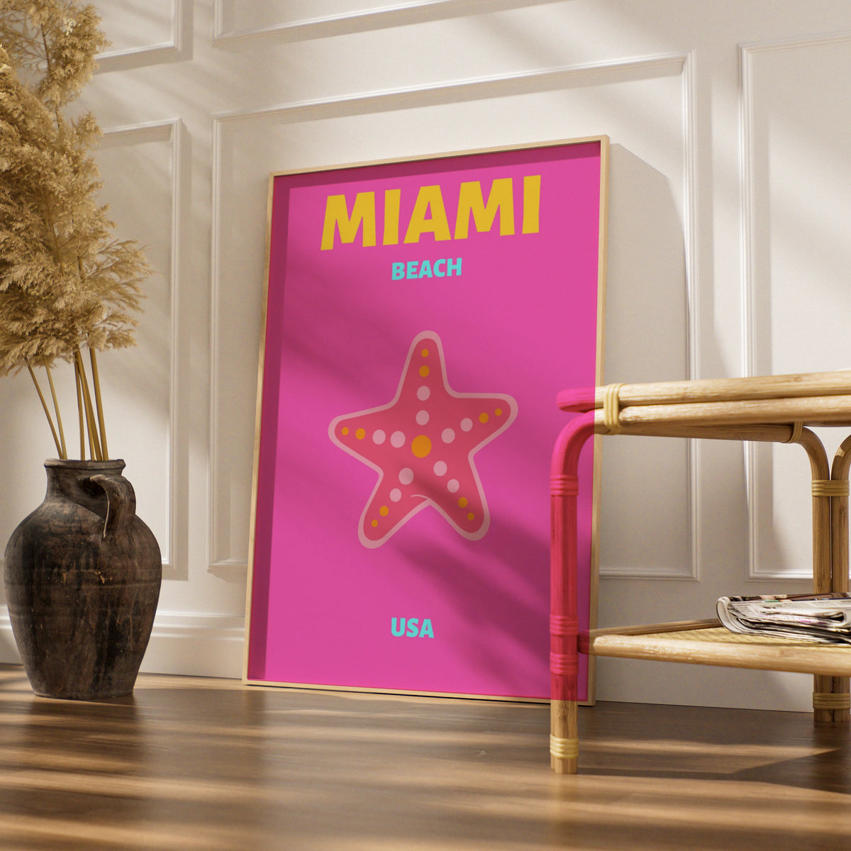 Miami Beach Travel Poster, Florida USA Wall Art, Retro Beach Print, Bold Pink Starfish Decor